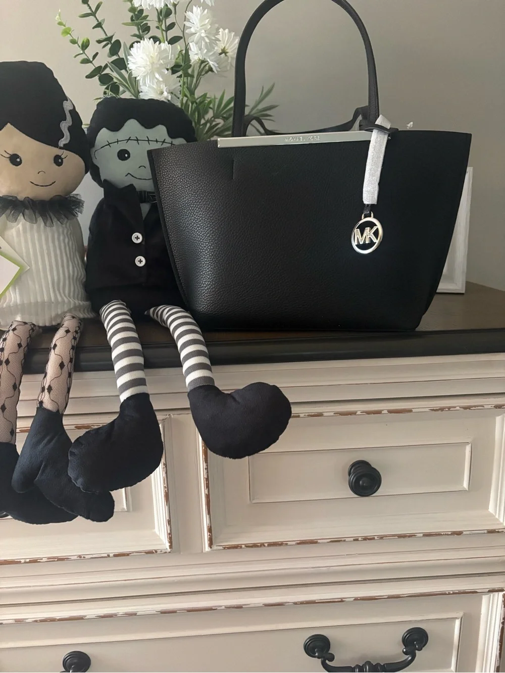 Michael Kors Black Pebbled Leather Tote with MK Charm